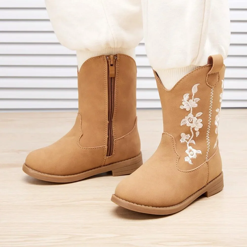 ⚡Girls 4-Brown Microfiber Little Kids Mid Calf Western Pointed Toe Riding Boots